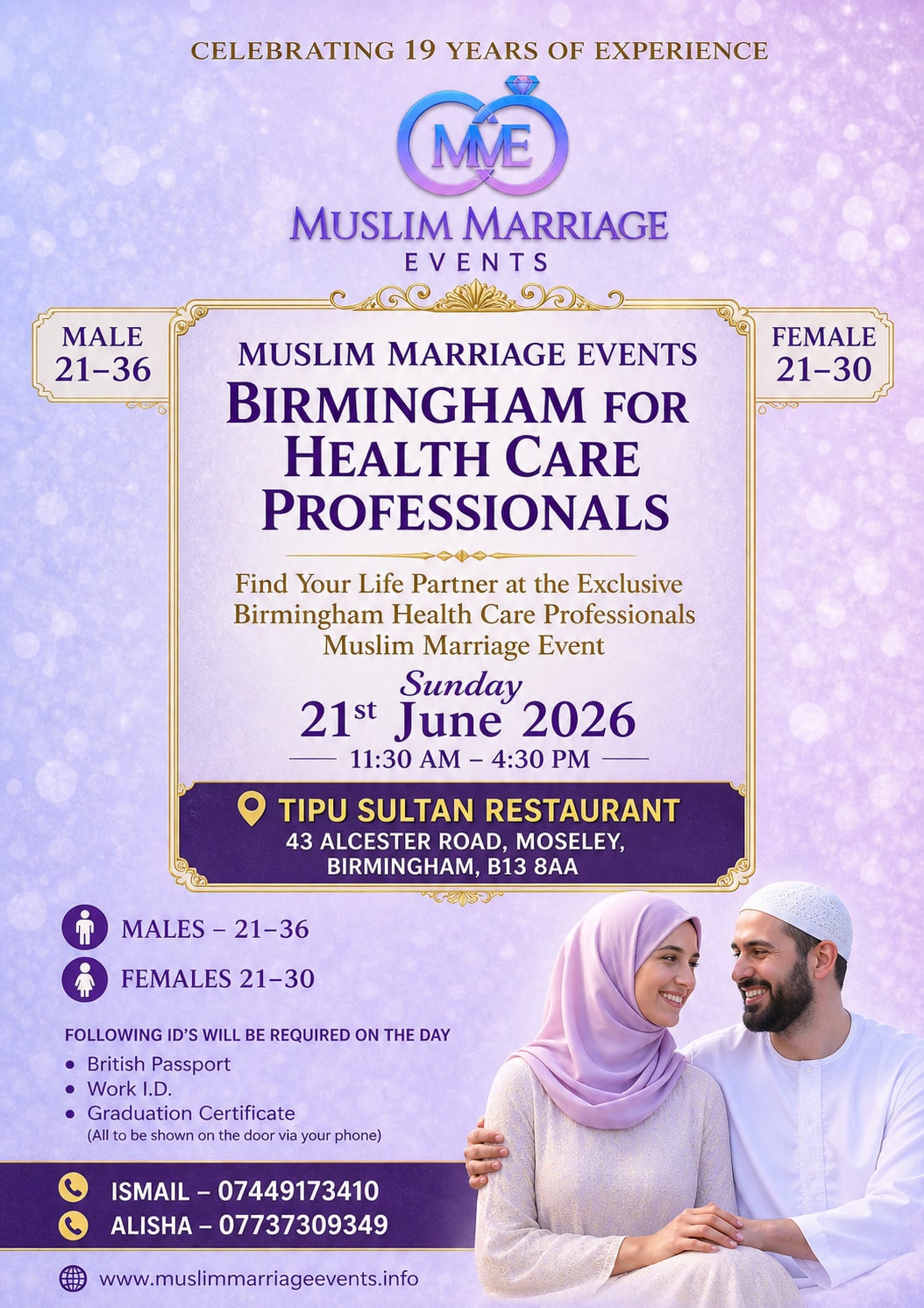 Birmingham Health Care Professionals Muslim Marriage Event on Sunday 21st June 2026 at Tipu Sultan, 43 Alcester Road, Moseley, Birmingham, B13 8AA.